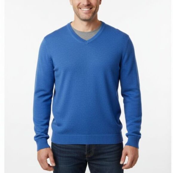 Jos. A. Bank Traveler's Collection Medium Blue Merino Wool V-Neck Sweater Size M - Picture 1 of 8